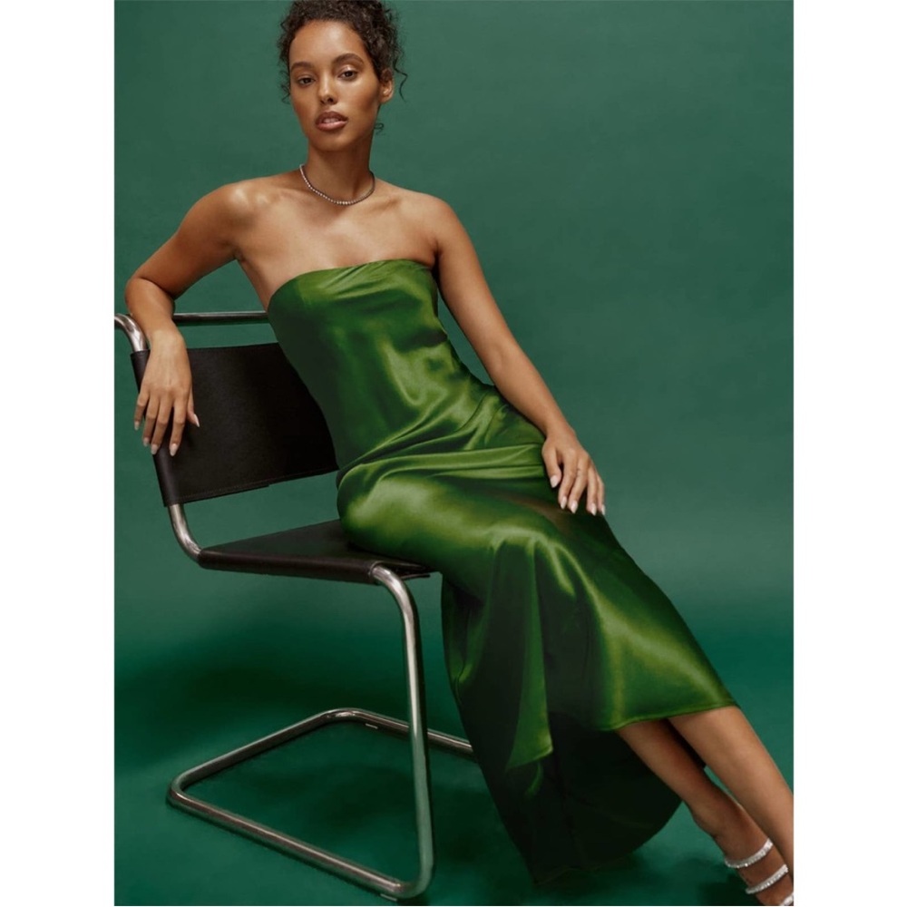 Reformation Emerald Green Satin Strapless Maxi Dress